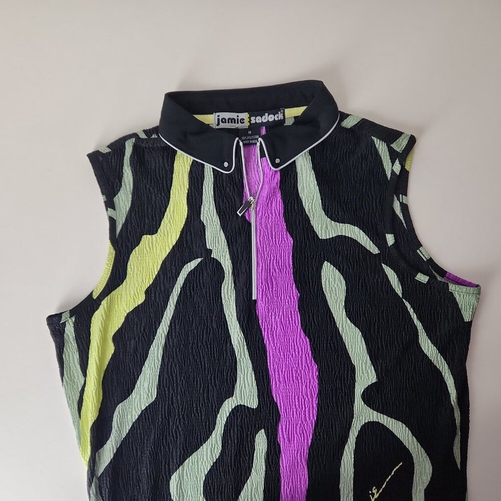 Jamie Sadock black colorful neon abstract crinkle plisse sleeveless Golf Top M - Picture 3 of 8